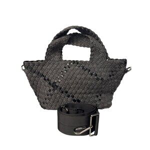 Haute Shore Mark Edge Black Woven Mini Tote Bag With Top Handles & Detachable St
